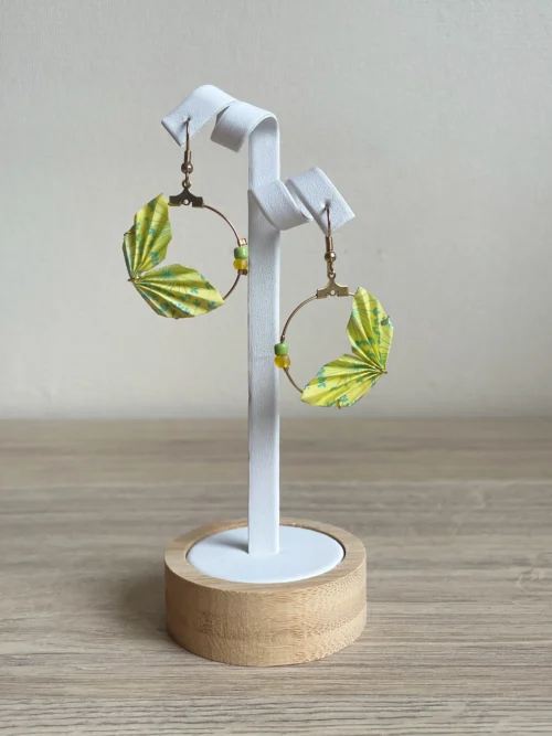 Boucles d'Oreilles Origami Eventail Jaune et Vert