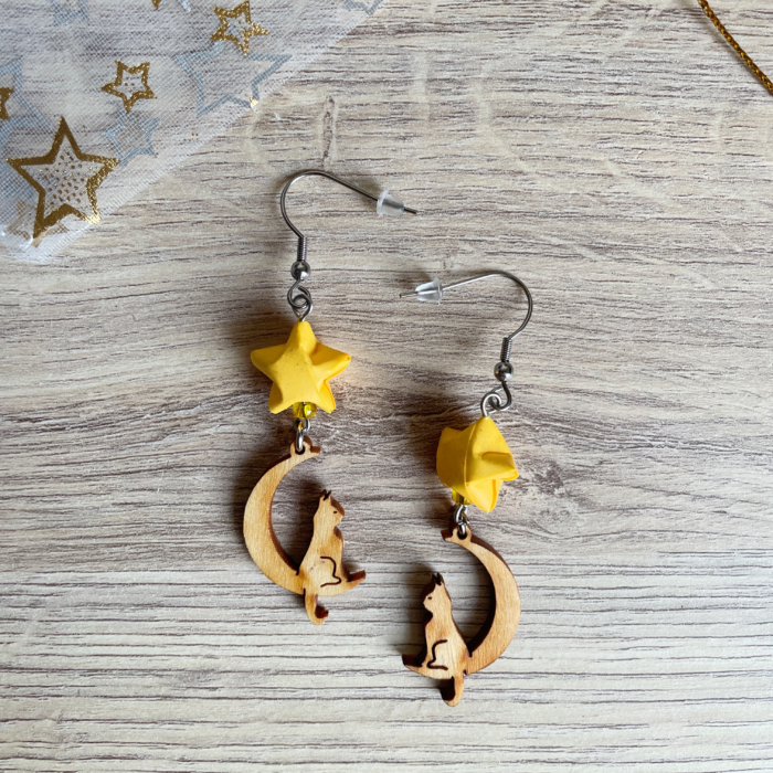 Boucles d'Oreilles Origami Etoile Et Chat Lune