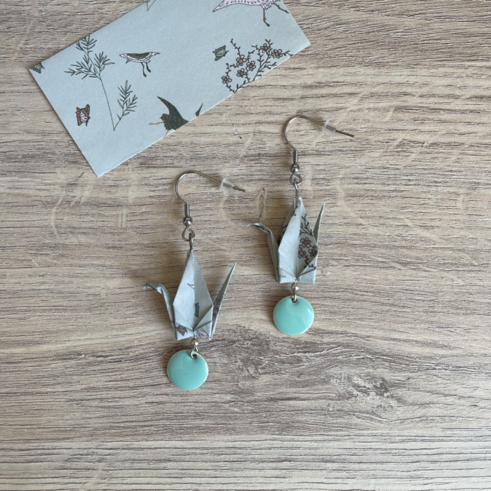 Boucles d'Oreilles Origami Grues Vertes