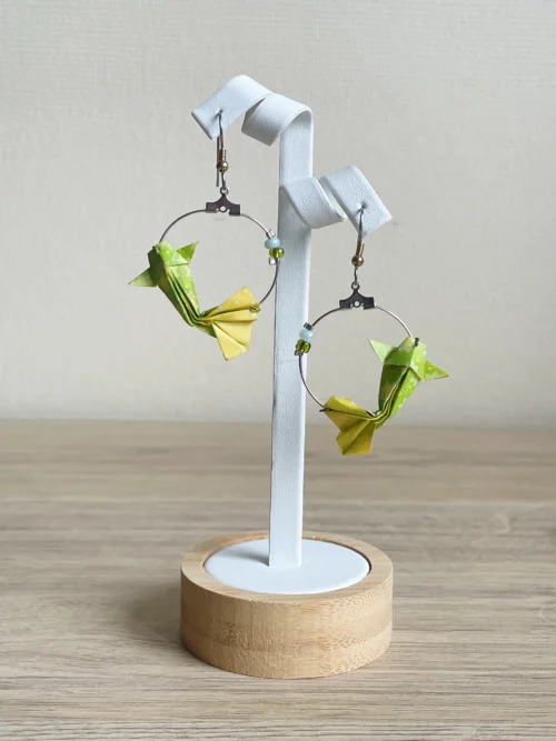 Boucles d'Oreilles Origami Créoles Carpe Koï Verte Jaune