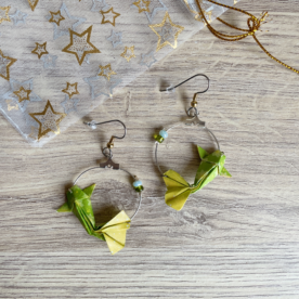 Boucles d'Oreilles Origami Créoles Carpe Koï Verte Jaune